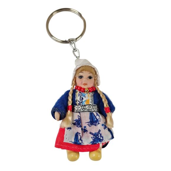 Vintage Dutch Girl Keychain Doll in Traditional Dress Braids Wooden Shoes 3" - Picture 2 of 11
